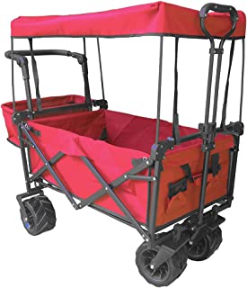 Photo 1 of Goyappin Collapsible Wagon Camping Garden Cart with Removable Canopy, Folding Wagon with Adjustable Push Handles and Brake for Shopping Picnic Beach Camping Sports (Red) (MAJOR DAMAGES TO BOX)
