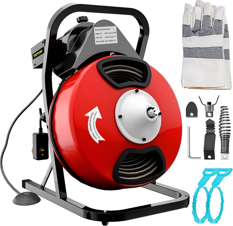 Photo 1 of VEVOR 50FTx1/2Inch Drain Cleaner Machine Electric Drain Auger with 4 Cutter & Foot Switch Drain Cleaner Machine Sewer Snake Drill Drain Auger Cleaner for 1" to 4" Pipes
used and dirty-  missing hardware