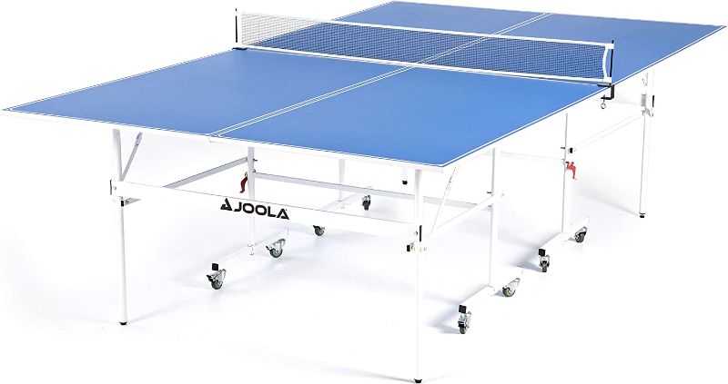 Photo 1 of ***SOLD FOR PARTS***JOOLA Indoor 15mm Ping Pong Table with Quick Clamp Ping Pong Net Set - Single Player Playback Mode - Regulation Size Table Tennis Table - Compact Storage Ping Pong Table
factory straps still wrapped around item

