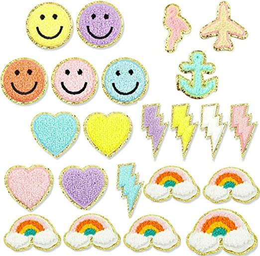 Photo 1 of 23pcs 3D Iron On Patches-Chenille Smiley Sew Iron on Embroidered Patches Applique Patches Rainbow Heart Smile Face Lightning Anchor Plane Flamingos Sewing On Clothing Fabric Jackets Jeans Repair Craft
