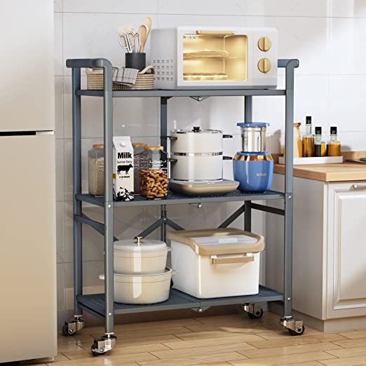 Photo 1 of 3-Tier Rolling Cart, HERJOY Folding Collapsible Utility Cart, Storage Shelves Trolley Service Cart with Rotational Wheels for Kitchen, Bathroom, Living Room and Office, Grey
