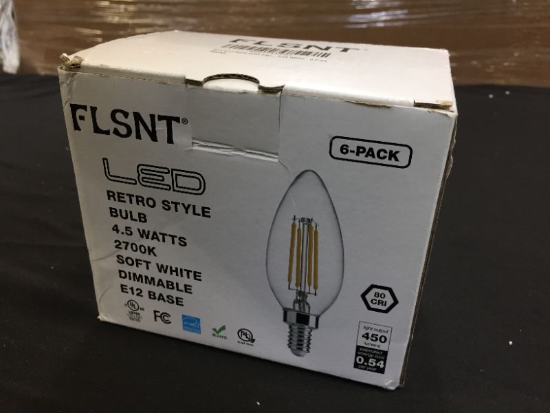 Photo 3 of B11 E12 Base 60W Equivalent LED Chandelier Light Bulbs - FLSNT Dimmable Clear LED Filament Candle Bulbs, 4.5W, 2700K Soft White - 6 Pack