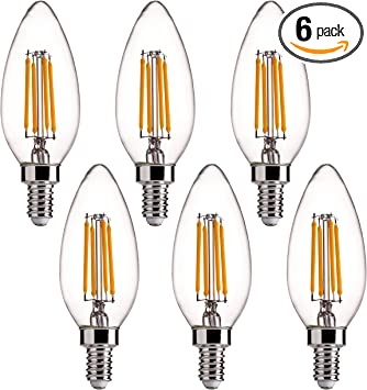 Photo 1 of B11 E12 Base 60W Equivalent LED Chandelier Light Bulbs - FLSNT Dimmable Clear LED Filament Candle Bulbs, 4.5W, 2700K Soft White - 6 Pack