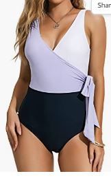 Photo 1 of Felnart Swimsuits for Women V Neck Color Block Wrap One Piece Swimsuits Bowknot Swimwear  -- Size Medium --
