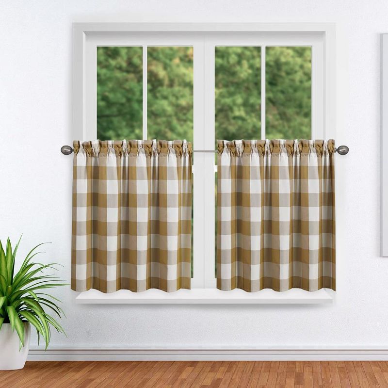 Photo 1 of Tier Curtain for Kitchen Set of 2,Farmhouse Living Buffalo Check Window Kitchen Tier for Bathroom/Kitchen Windows (24" L, Brown and White)
