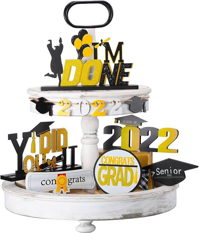 Photo 1 of 12 Pcs Graduation Tiered Tray Decor Class of 2022 Double Sided Print Wooden Table Decoration Black Gold Glitter Centerpiece Sign for Congratulation Party Grad Ceremony Supplies
