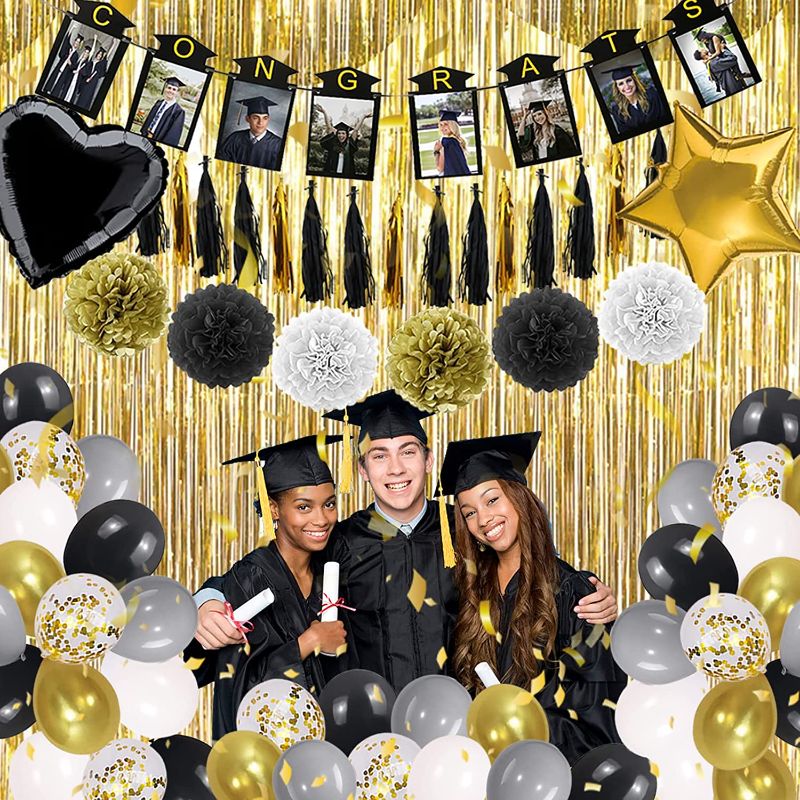 Photo 1 of 2022 Graduation Party Decorations Class, Decor Included Gold Curtains, Congrats Photo Frame Banner, Balloons, Tassel