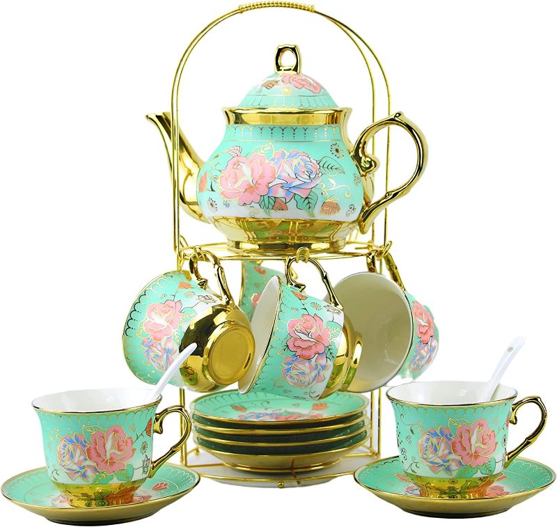 Photo 1 of 20 Pieces Porcelain Tea Set With Metal Holder, European Ceramic tea set for adults,Flower Tea Set,Tea Set For Women With Flower Painting (Large version, Green)
