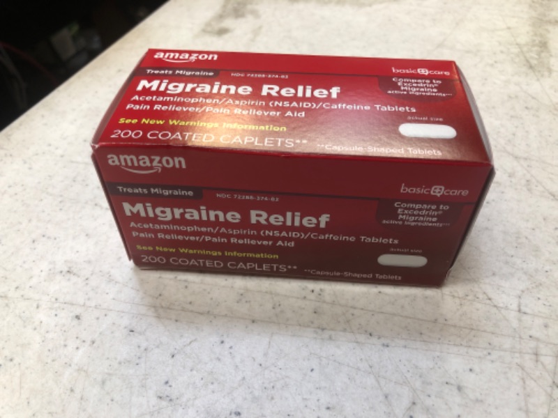 Photo 2 of Amazon Basic Care Migraine Relief, Acetaminophen, Aspirin (NSAID) and Caffeine Tablets, 200 Count
BEST BY 03/2023