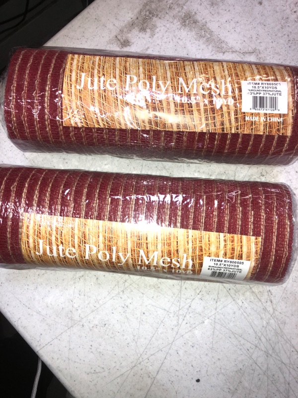 Photo 2 of 
10" Poly Jute Deco Mesh: Burgundy & Natural Thin Stripe (10 Yards), 2 COUNT 