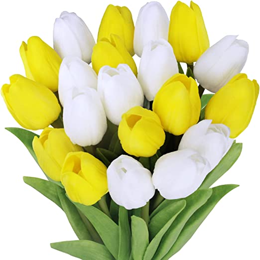 Photo 1 of 20 Pcs Artificial Tulip Flowers in Yellow and White Faux Tulip Stems PU Real Touch Tulips 13.7" Tall for Easter Spring Wedding Bouquet Floral Arrangements Wreath Table Centerpiece Indoor Outdoor Decor
