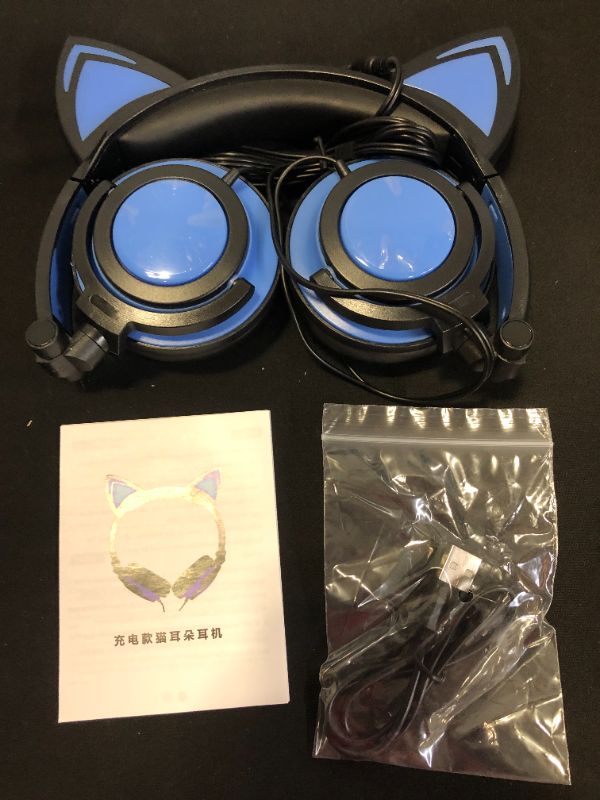 Photo 2 of Cat Ear Headphones for Kids, LED Light with USB Chargeable Foldable Earphones for ChildrenTeens Adults, Compatible for iPad, Tablet, Computer, Mobile Phone (Black&Blue)