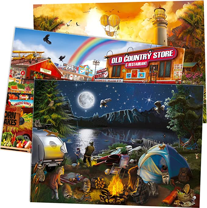 Photo 1 of 1000 Piece Jigsaw Puzzle for Adults ? 3 Pack of Unique Puzzles for Kids Ages 8-10-12 and Up by QUOKKA ? Enjoy Market, Lighthouse and Camping Designs for Women and Men