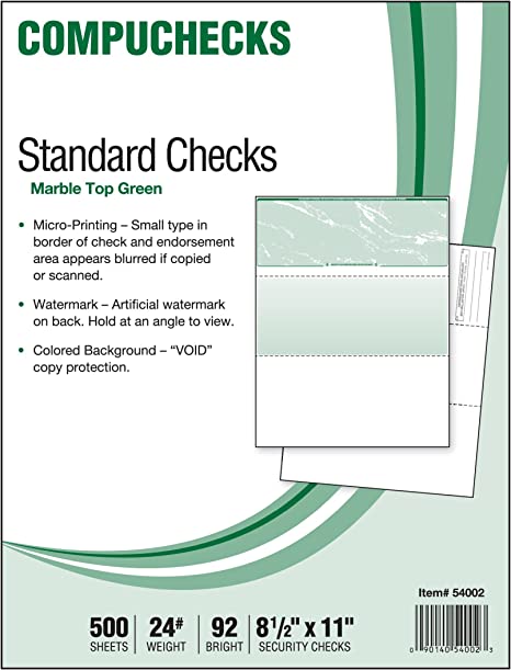 Photo 1 of Compuchecks Security Check Paper - 500 Top Blank Business Checks Compatible with QuickBooks & Any Laser Inkjet Printer Use for Payroll, Paycheck, Accounts Payable or Personal (Green Marble)