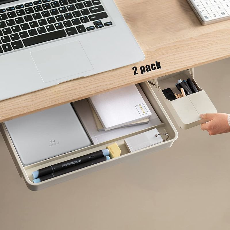 Photo 1 of Under Desk Drawer Storage Organizer - 2 Pack (Large and Small) Beige - (Please Note Drawer Size / No Lip Under Desktop / Smooth Desktop)
