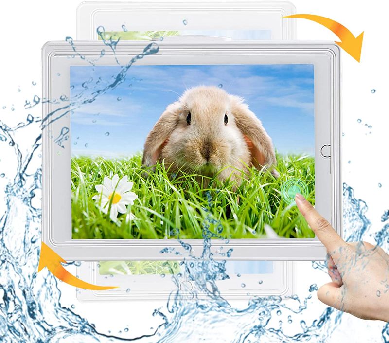 Photo 1 of ABHILWY Shower Ipad Holder Waterproof Wall Mounted 2022 Upgrade, Bathroom Tablet Case Mount Shelf Rotation, Adhesive Touchable Cradle with Glass Mirror Anti-Fog Screen for Kitchen 11 inches White
