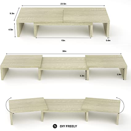 Photo 1 of BAMEOS Dual Monitor Stand, Monitor Riser with Adjustable Length and Angle Shelf, 36 Inches Large Size Multiple Screen Stand with Shelves for Computer, Laptop & Printer Light Wood