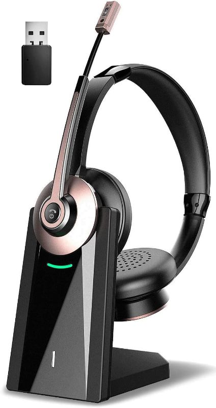 Photo 1 of Wireless Headset, Bluetooth Headset with Microphone Noise Cancelling & USB Dongle, Office Headphones with Mic Mute & Charging Dock for PC Laptop/Cell Phone/Zoom/Skype/Conference/Call Center
