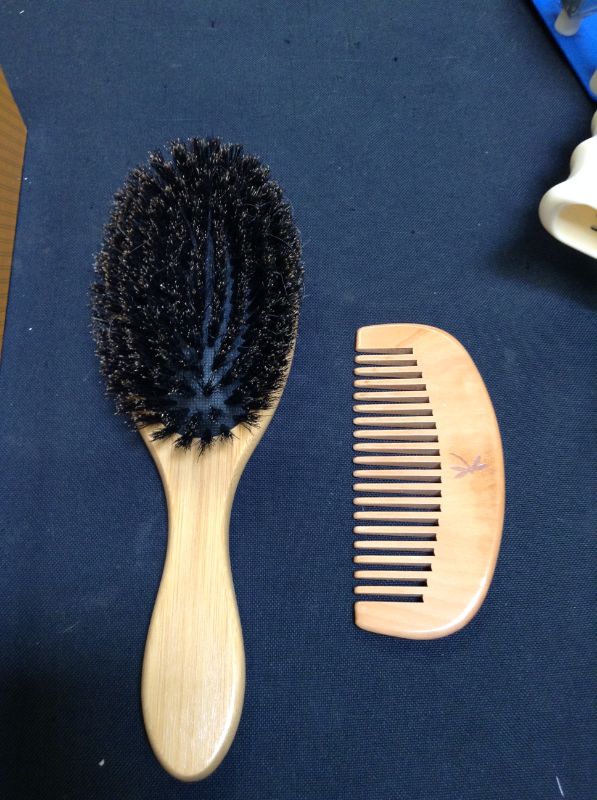 Photo 2 of 100% Boar Bristle Hair Brush Set. Soft Natural Bristles for Thin and Fine Hair. Restore Shine And Texture. Wooden Comb