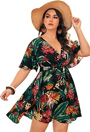 Photo 1 of Floerns Women's Plus Size Tropical Print V Neck Short Sleeve Belted Short Dress
Size L