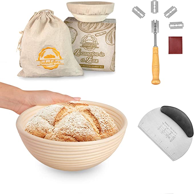 Photo 1 of BAKESHIFTERS Bread Proofing Basket Kit | Perfect 9-Inch Rattan Basket Set for Banneton, Sourdough | Make Round Oval Dough, Scraper, Liner, and Lame Included | Home Bread Baking Set and Quality Linen