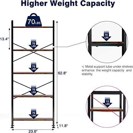 Photo 2 of 5-Tier Adjustable Tall Bookcase, Rustic Wood and Metal Standing Bookshelf, Industrial Vintage Book Shelf Unit, Open Back Modern Office Bookcases
