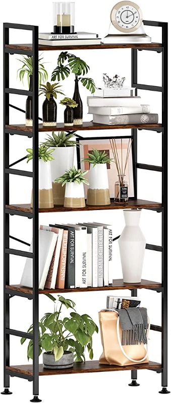 Photo 1 of 5-Tier Adjustable Tall Bookcase, Rustic Wood and Metal Standing Bookshelf, Industrial Vintage Book Shelf Unit, Open Back Modern Office Bookcases