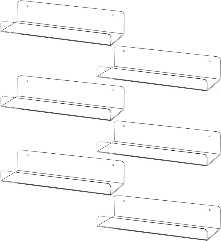 Photo 1 of 6 Pack Floating Shelves,15" Acrylic Shelves Floating Bookshelf,Funko Pop Display Shelf, Invisible Picture Ledge Wall Mounted Shelves,Clear Shelves by Sooyee
