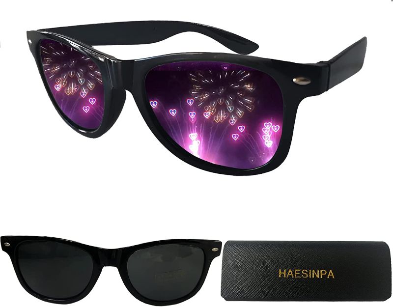 Photo 1 of Heart Effect Diffraction Glasses, with Stylish Glasses case (Square Frame, Black)
