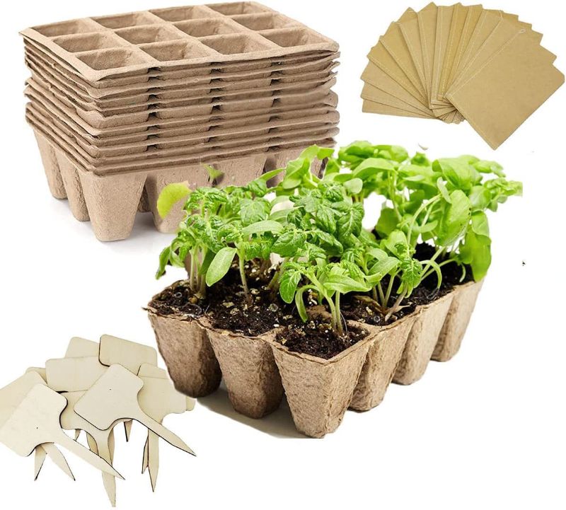 Photo 1 of 12 Packs Seed Starter Tray kit, 144 Cells Biodegradable Peat Pots with 12 Wood Plant Labels &12 Seed Soaking Germination Bags (12)
