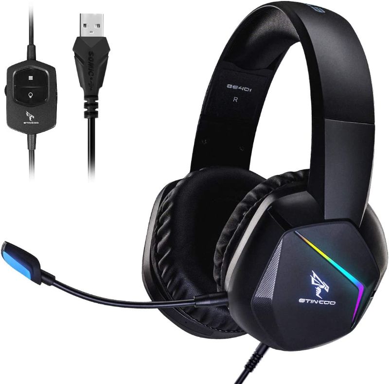 Photo 1 of EASARS Wired Gaming Headset for PC, PS5, PS4, USB Gaming Headphones with Detachable Microphone, 7.1 Surround Sound, RGB Lights PC Headset----factory sealed
