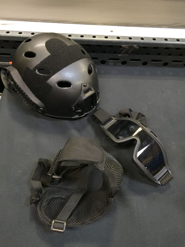 Photo 1 of Tactical Foldable Half Face Airsoft Mesh Mask with Ear Protection and Tactical Airsoft Fast Helmet Adjustable H-Nape Helmet Chin Strap - ITEM IS DIRTY =