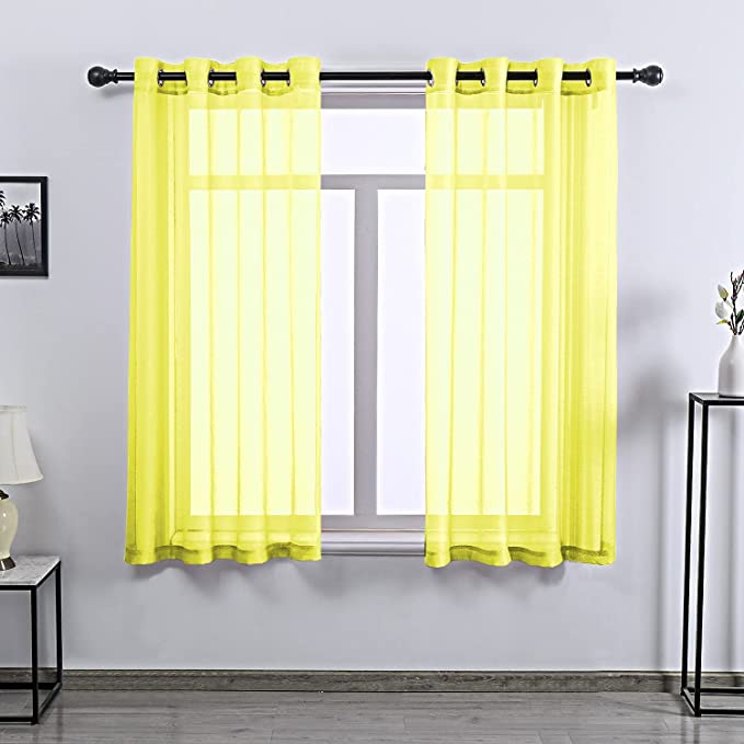 Photo 1 of 45" Long Textured Sheer Curtains for Small Bathroom Windows, 2 Panels with Grommets, Short Sheer Curtains for Girls Boys Room (Bright Yellow, 52" Wide by 45" Long)