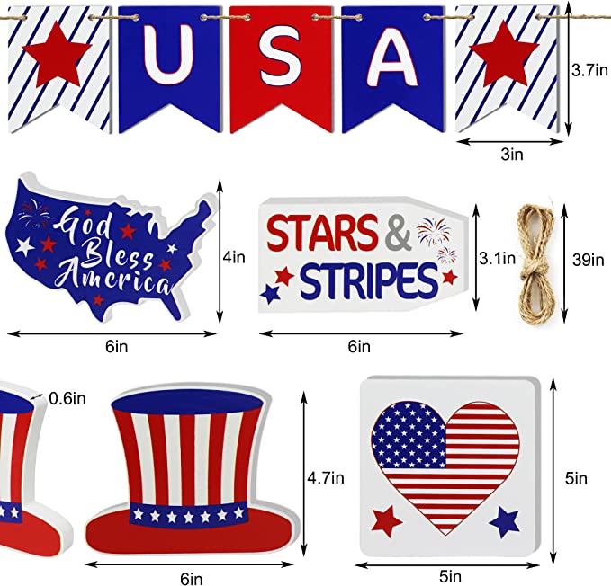 Photo 1 of 5 Pcs 4th of July Decorations -4 Pack Patriotic Mini Wood Block, 1 Mini Wood USA Sign, 4th of July Gift, Veterans Day, Memorial Day Home Decor