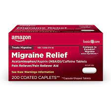 Photo 1 of  Amazon Basic Care Migraine Relief, Acetaminophen, Aspirin (NSAID) and Caffeine T exp- 03/2023