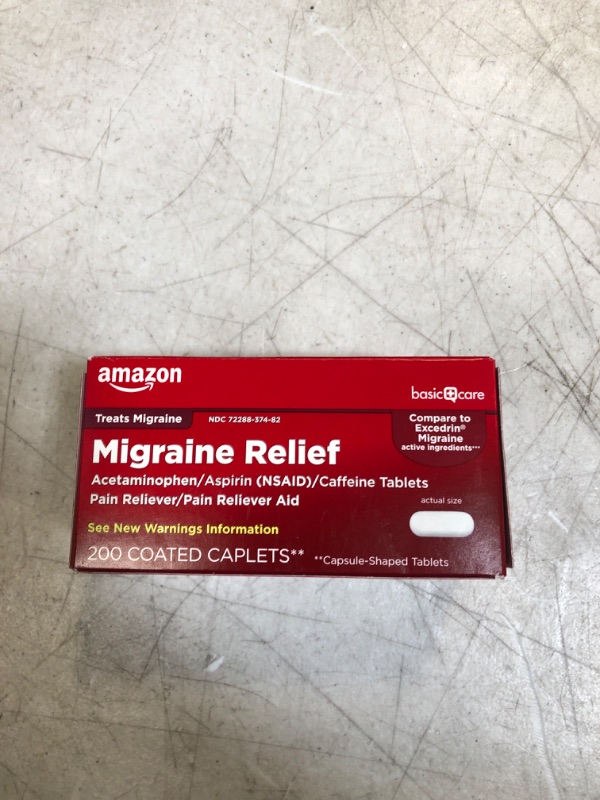 Photo 1 of  Amazon Basic Care Migraine Relief, Acetaminophen, Aspirin (NSAID) and Caffeine T exp- 03/2023