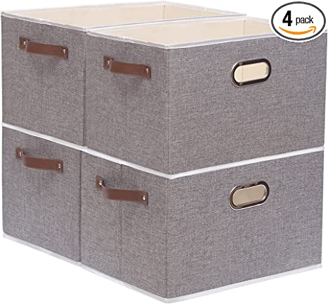 Photo 1 of Yawinhe Collapsible Storage Bins, 16.9 x 11.8 x 10.2 Inch, Cube Storage Bins, Fabric Foldable Storage Bins Organizer Containers with Dual Leather Handles for Home Bedroom Closet Office (Grey, 4-Pack)