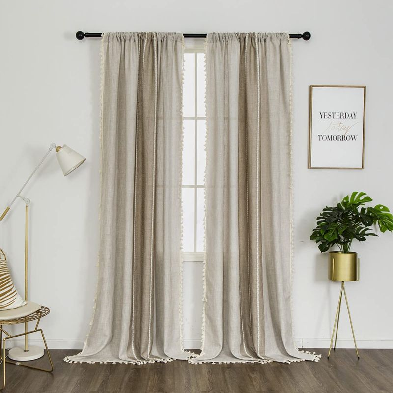 Photo 1 of 1 Pair Cotton Linen Boho Curtains with Tassel, Farmhouse Curtains for Bedroom Living Room (Beige and Coffee, 2 x 54" x 84")
