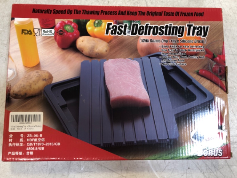 Photo 2 of YeYouC Defrosting Tray for Frozen Meat, Extra Thick Rapid Thawing Plate with Drip Pan and Bonus Kitchen Accessories Quality Defrost Tray for Meat Pork Beef Fish-No Microwave/Electricity
