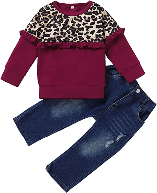 Photo 1 of Baby Boy Clothes Set Leopard Ruffles Ripped Denim Pants 2 Pieces --Size 100