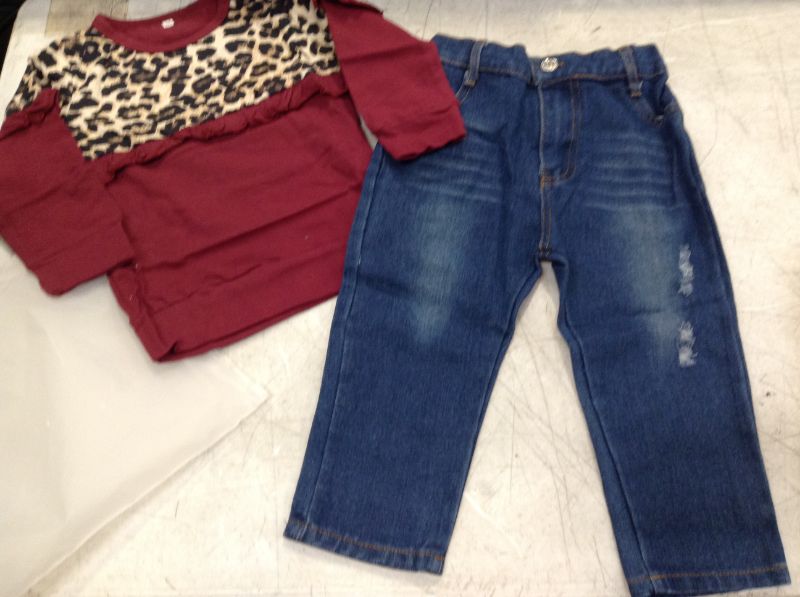 Photo 2 of Baby Boy Clothes Set Leopard Ruffles Ripped Denim Pants 2 Pieces --Size 100