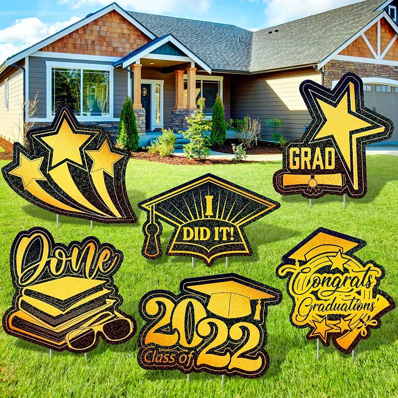 Photo 1 of 16 Inch 2022 Graduation Yard Sign Graduation Party Yard Signs with Stakes 6 Pcs Large Graduation Outdoor Lawn Decorations Graduation Party Yard Signs Rose Glitter Corrugated Yard Decoration (Gold)  -- Factory Sealed --
