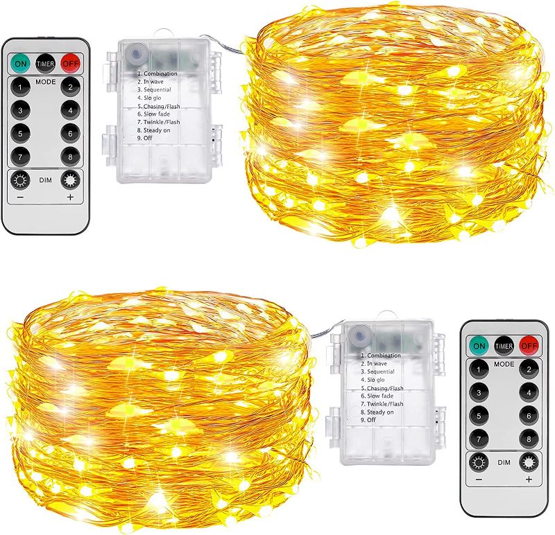 Photo 1 of 2 Pack LED Fairy Lights Battery Operated Christmas Lights with Remote Waterproof Firefly Twinkle String Lights for Christmas Tree, Wreath Decorations(Warm White)  -- Factory Sealed --
