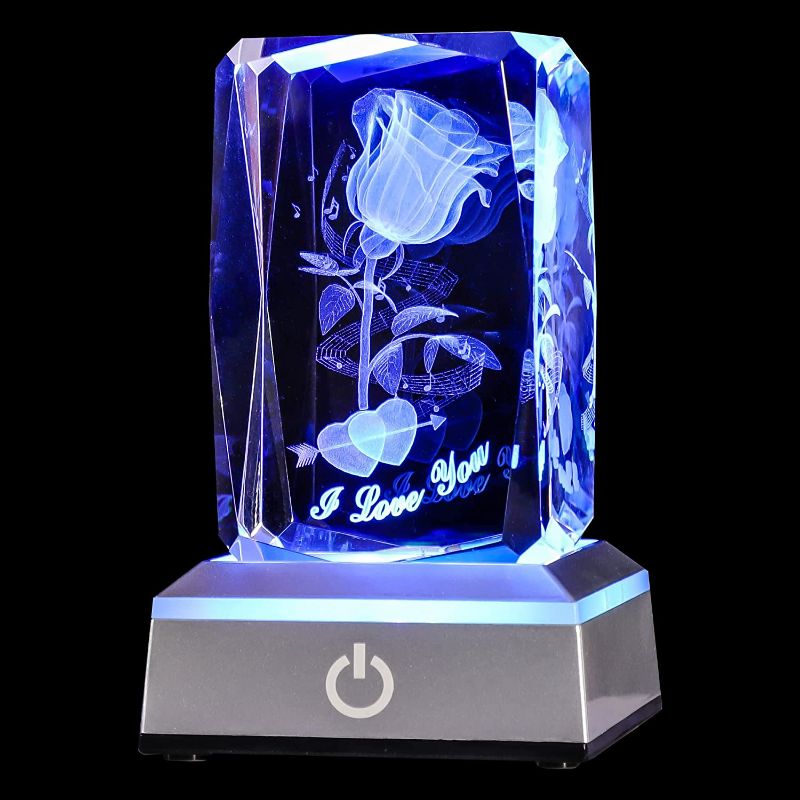 Photo 1 of  3D Rose Crystal with LED Colourful Light Base, Present for Girlfriend Wife Mom and Women, I Love You Gifts Romantic Figurine Lamps(Music Rose)
