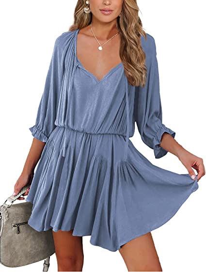 Photo 1 of BTFBM Women Casual Summer Dresses Ruffle 3/4 Sleeve Tie V Neck High Waist Solid Soft Cute Short Flowy Swing A-Line Mini Dress. SIZE L 
