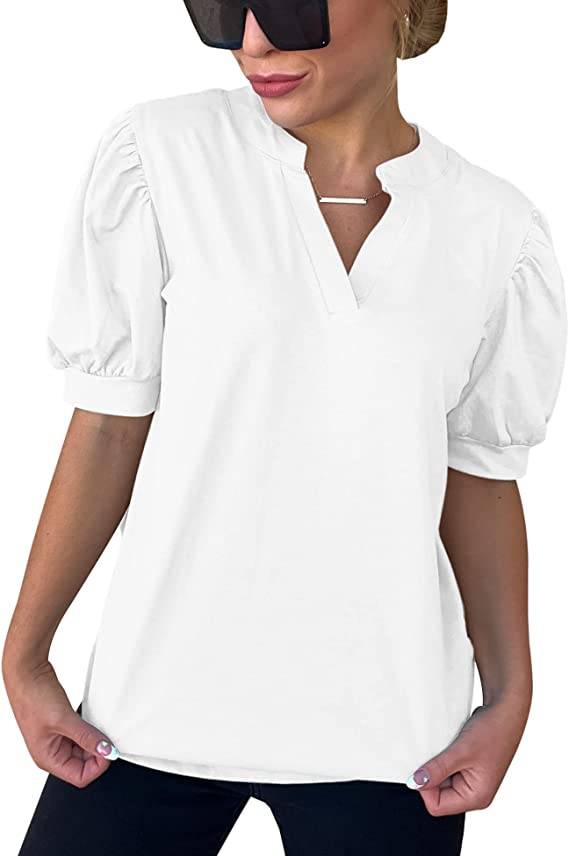 Photo 1 of AJAYR Women's Puff Sleeve V Neck Tshirts Casual Solid Color Top Summer Blouse

