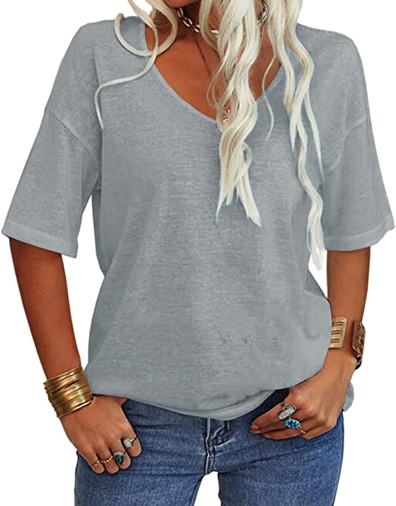 Photo 1 of Danedvi Women Fashion V-Neck Half Sleeves Oversized T Shirt Solid Casual Loose Basic Tops. SIZE XL 
