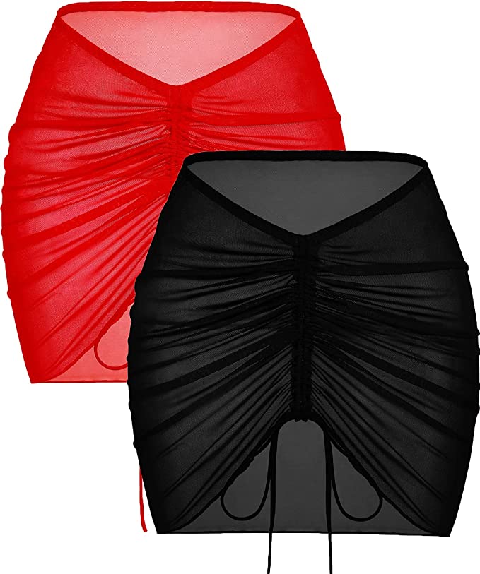 Photo 1 of AI'MAGE 2 Pieces Women Short Beach Sarong Swimsuit Cover Ups Sexy Sheer Bikini Wrap Skirt Black + Red SIZE L
