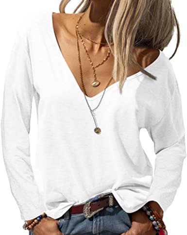 Photo 1 of Danedvi Women Fashion Deep V-Neck Short Sleeve Tops Solid Casual Loose Basic T Shirt. UNKNOWN SIZE, LOOKS LARGE 
