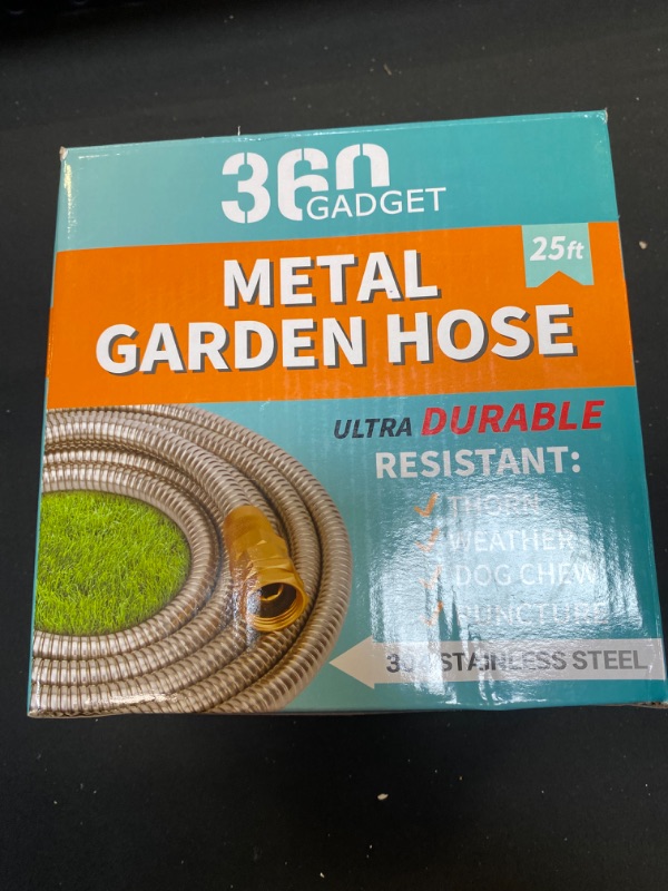 Photo 2 of 360Gadget Metal Garden Hose - 25ft Heavy Duty Stainless Steel Water Hose with 8 Function Sprayer & Metal Fittings, Flexible, Lightweight, No Kink, Puncture Proof Hose for Yard, Outdoors, Rv
